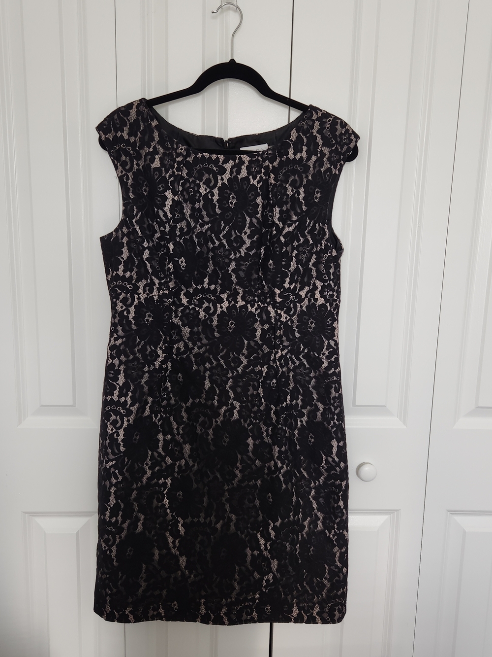 Calvin Klein Black Lace Midi Dress with Nude Lining and Cap Shoulders